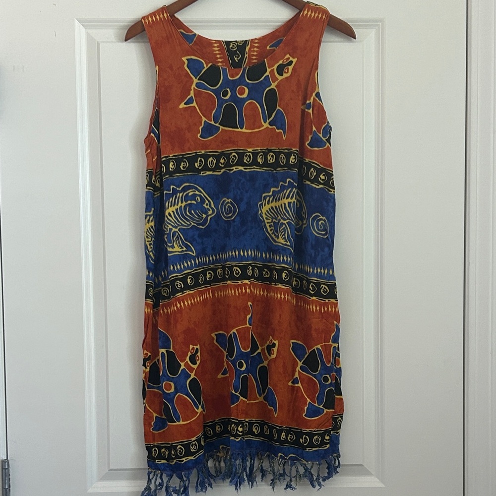 Vintage Beachy Tribal Design Colorful Sleeveless Dress with Fringe